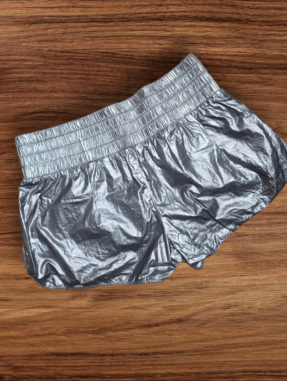 Theory Metallic Silver Athletic Shorts with Smocked Waist